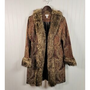 Chico's Paisley Faux Fur Trim Coat Women Size 1 Brown Gold Boho Statement